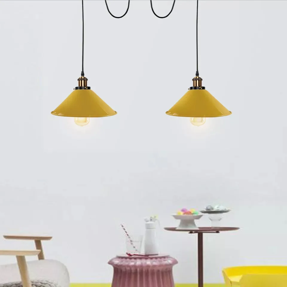 Brushed brass retro ceiling pendant light with two E27 bulb holders and metal shades hanging from adjustable cords
