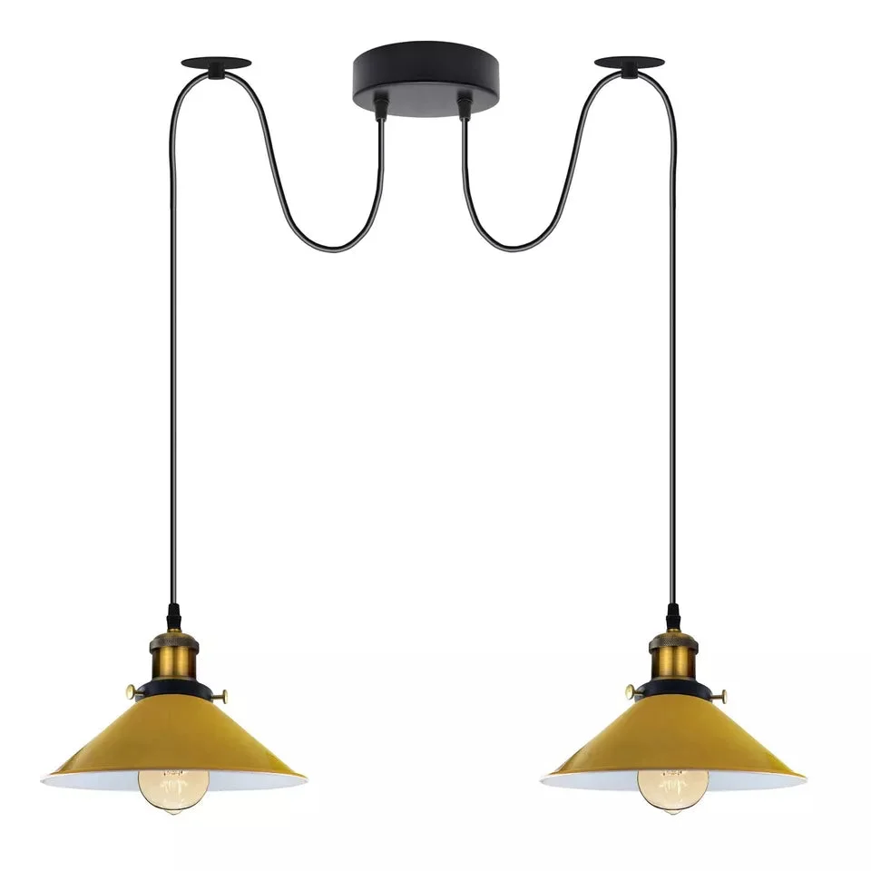 Brushed brass pendant light with two E27 holders, industrial style, metal shades, and adjustable hanging cords on white background