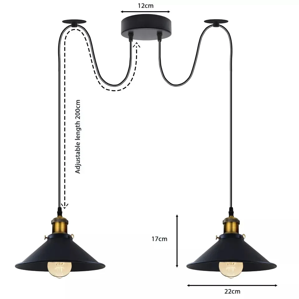 Brushed brass 2-way retro industrial E27 ceiling light with metal shades and adjustable hanging cords against white background