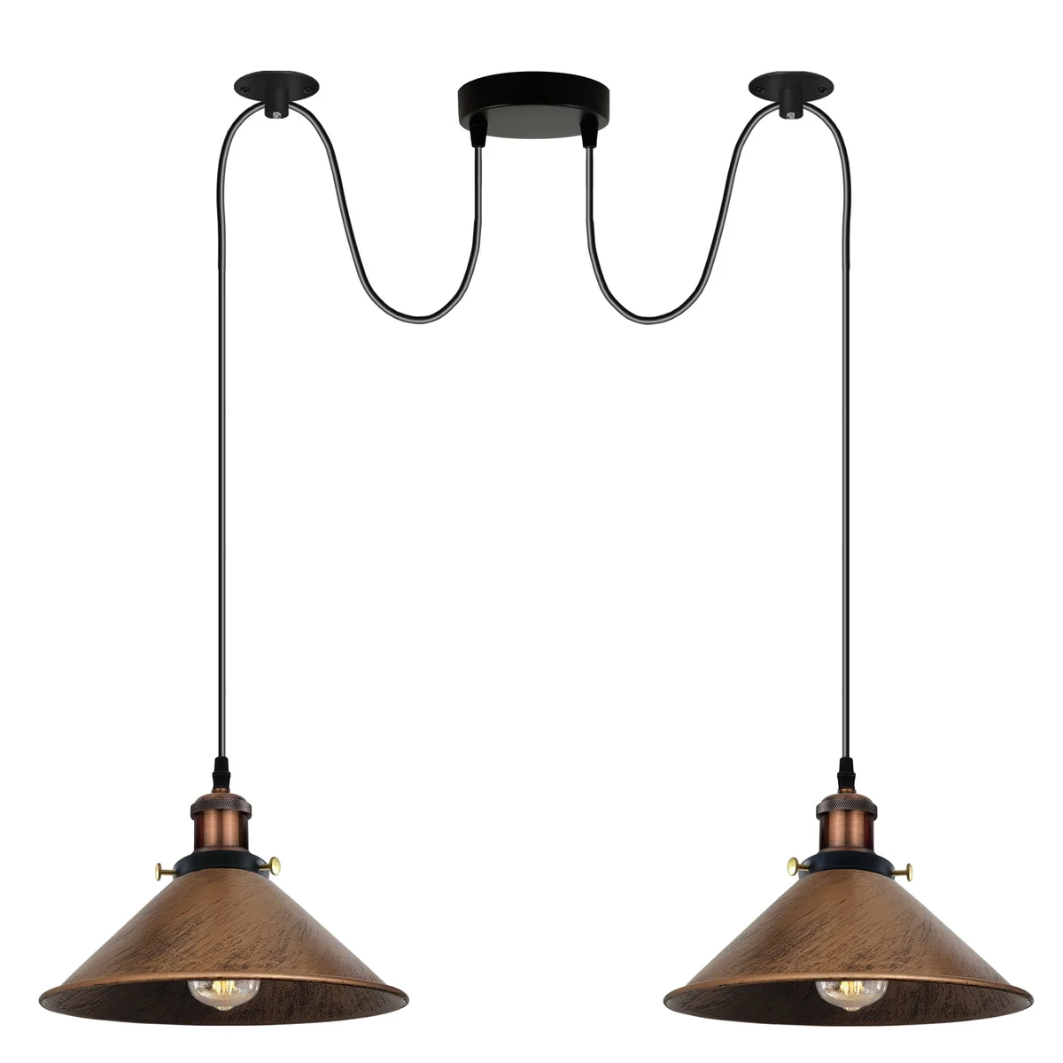 Brushed copper retro industrial ceiling light with two E27 bulb holders and metal shades hanging from ceiling plate