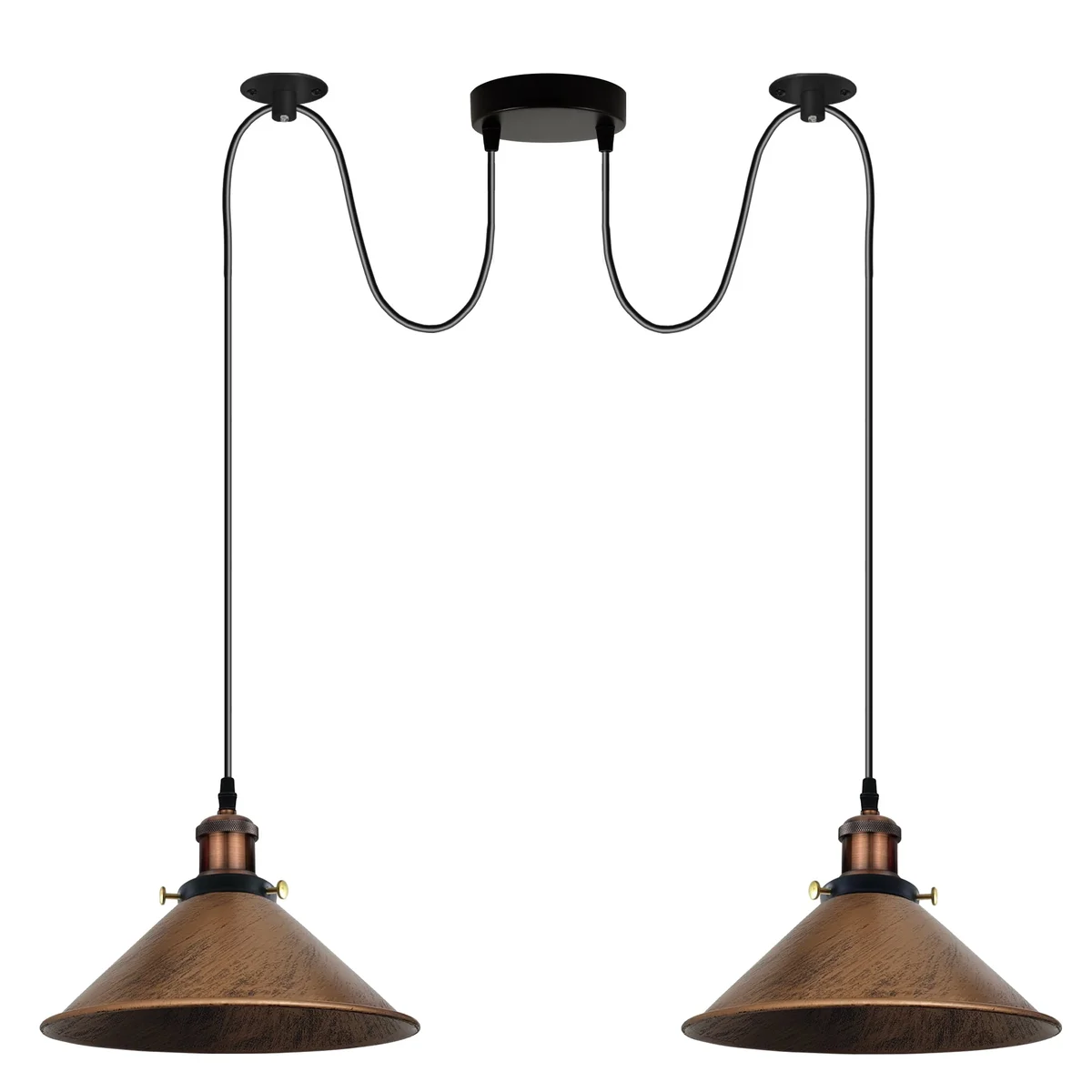 Brushed copper pendant light with two E27 holders, round metal shades, and long hanging cables for ceiling mounting