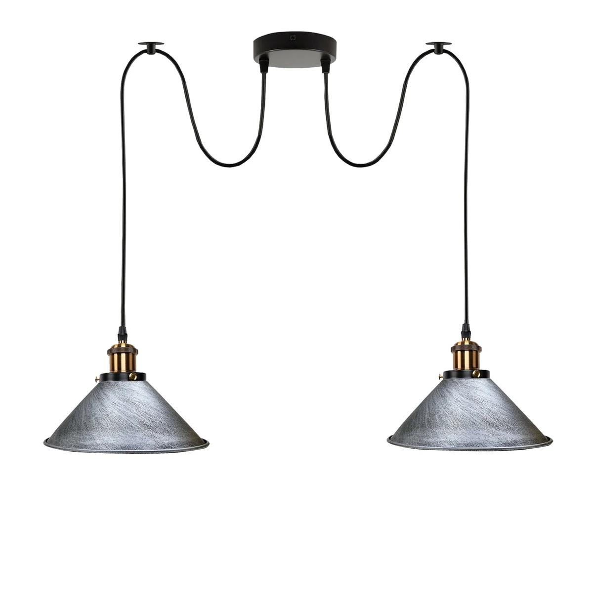 Brushed silver 2 way retro industrial E27 hanging lamp with metal shades and long PVC cables against white background