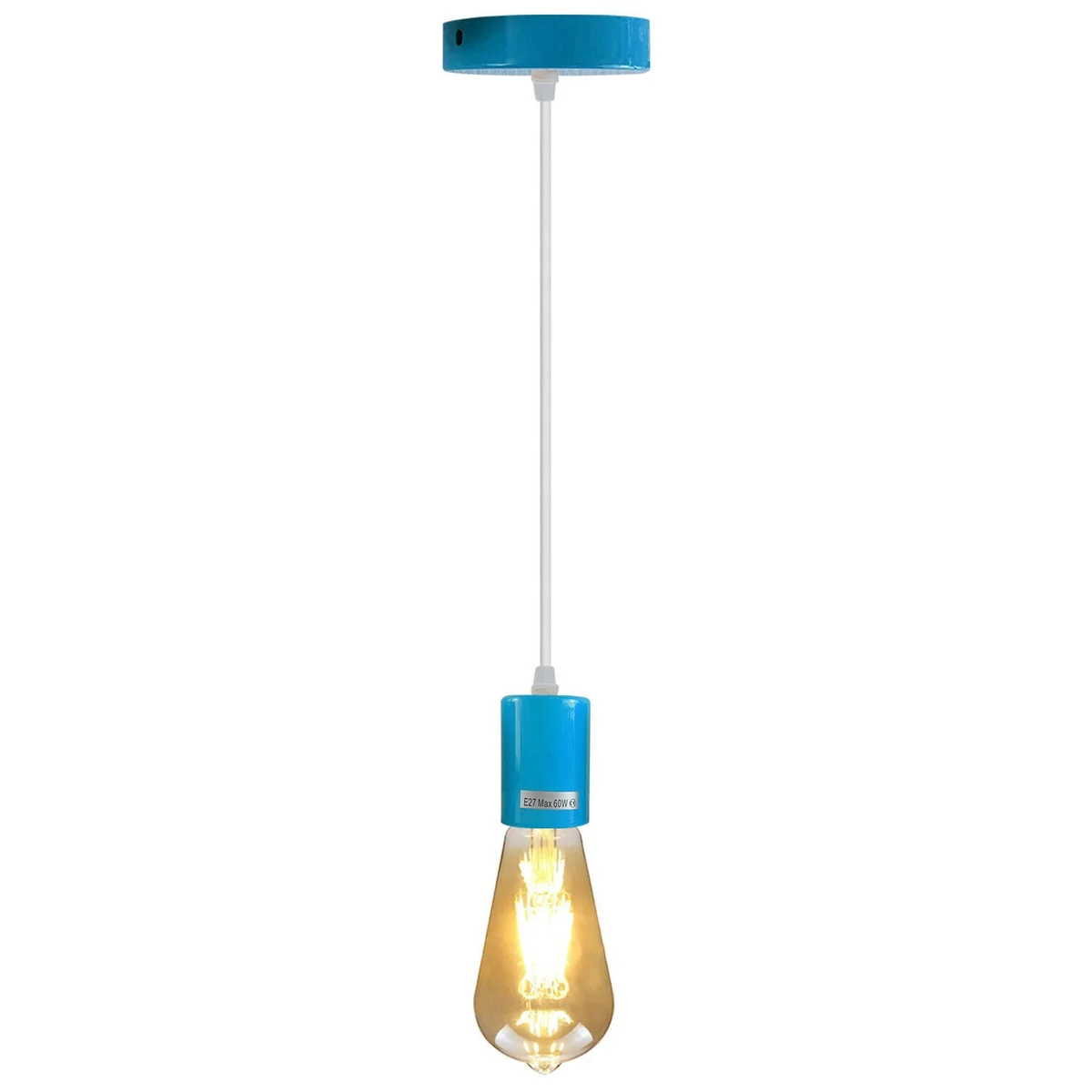 Blue industrial pendant lamp with E27 bulb holder, metal and PVC construction, 95cm cord, ceiling mount included