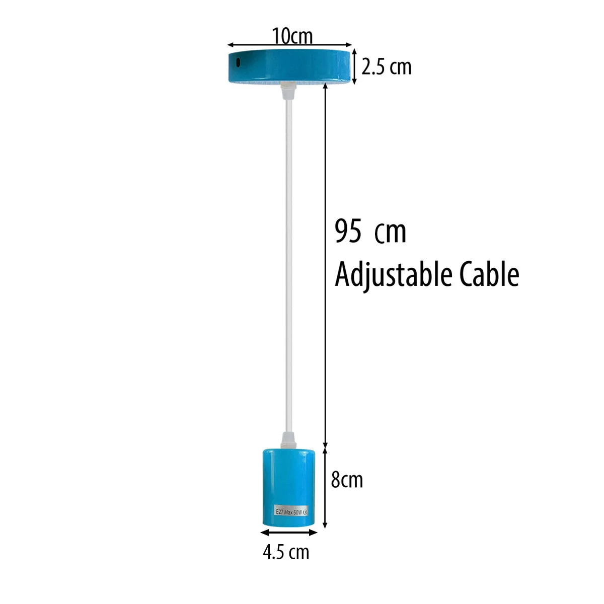 Blue industrial pendant lamp with metal and PVC light fitting, E27 bulb holder, and 95cm black cord hanging from ceiling plate