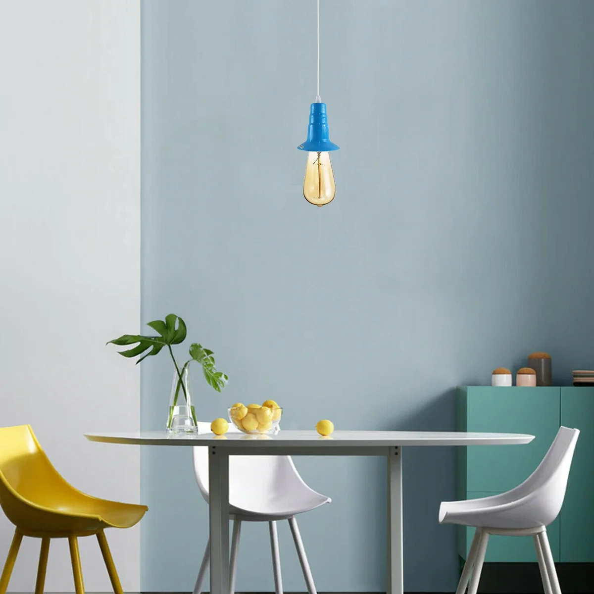 Blue industrial pendant lamp with metal and PVC materials, E27 bulb holder, and 95cm wire hanging from ceiling plate