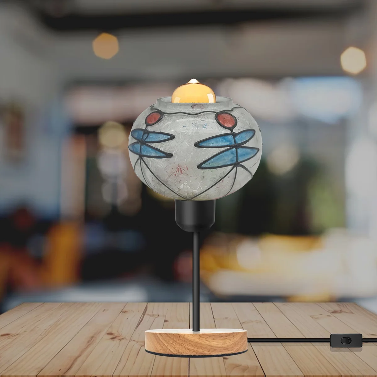 Handcrafted mosaic glass table lamp with multicoloured globe shade, wooden base, black metal holder, 2m cord, E27 bulb included