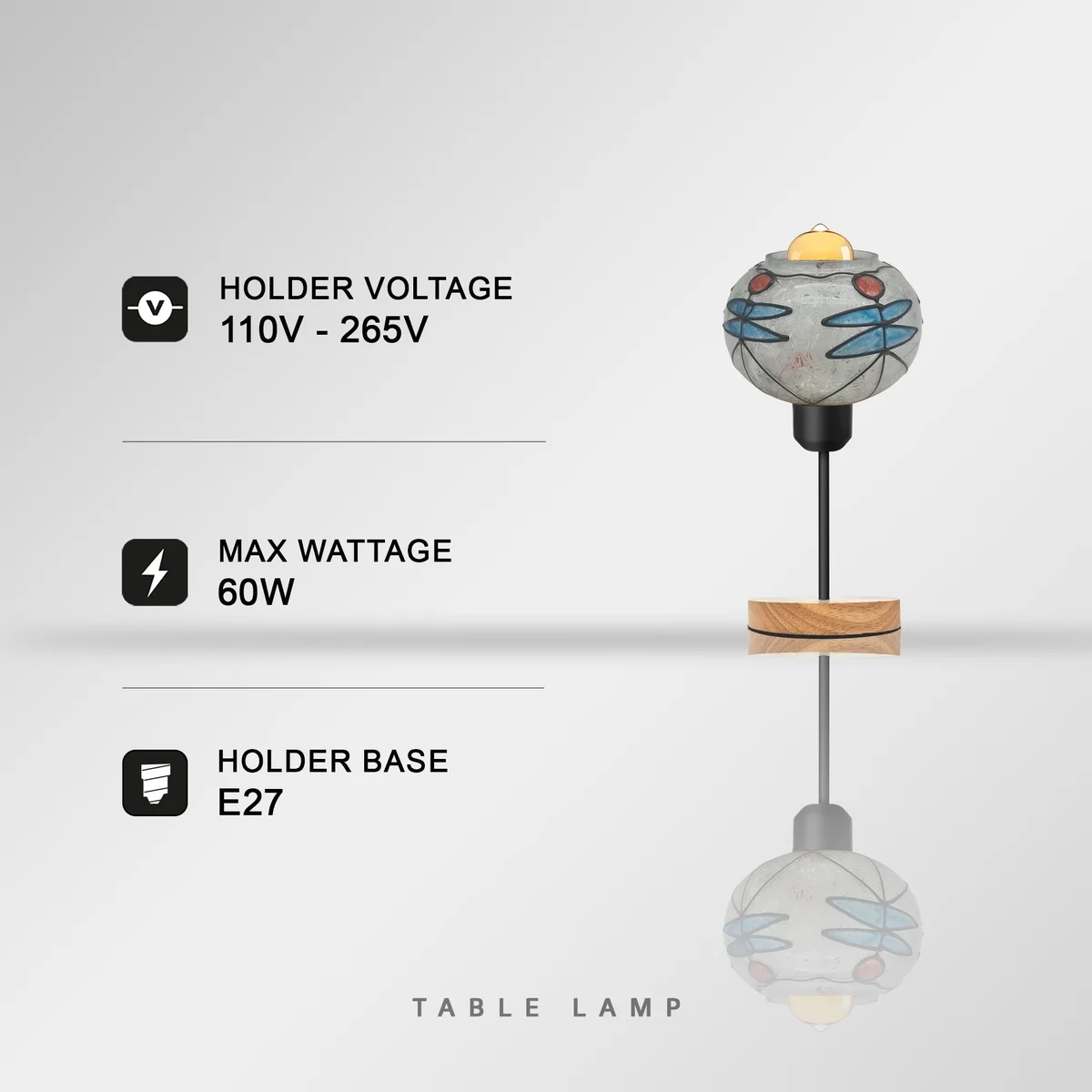 Handcrafted table lamp with multicoloured mosaic glass globe shade, wooden base, and black metal holder with 2m cord