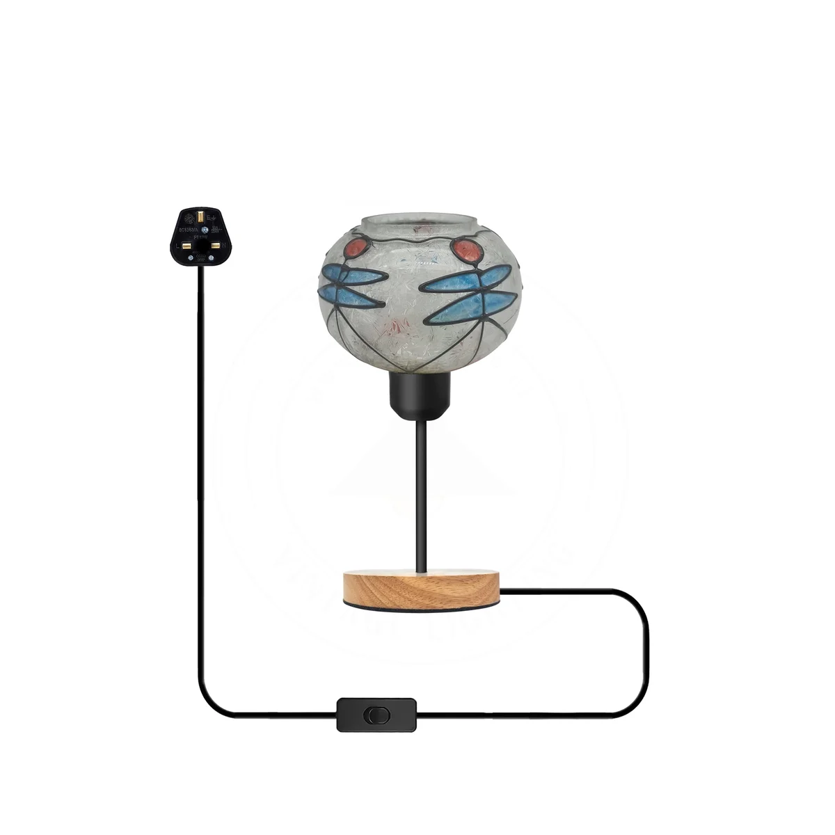 Handcrafted globe mosaic glass E27 bedside lamp with wooden base and 2m cord on white background