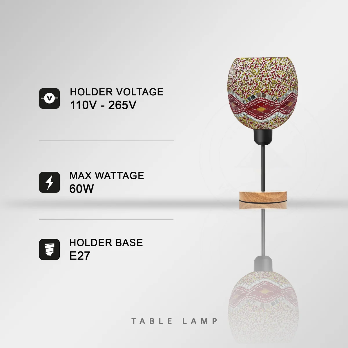 Handcrafted multi-coloured mosaic globe lamp with wooden base and black metal holder, E27 socket table lamp with cable and switch