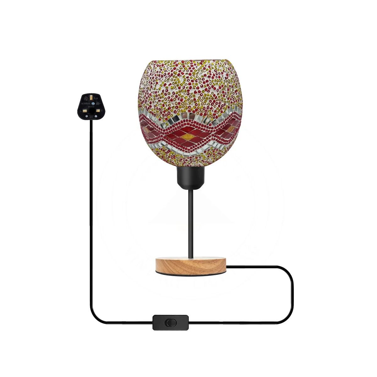 Handcrafted stained glass mosaic lamp with colourful globe shade, black metal holder, and natural wood base on white background