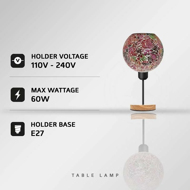 Colourful mosaic glass E27 plug in lamp with black metal holder and round wooden base on white background
