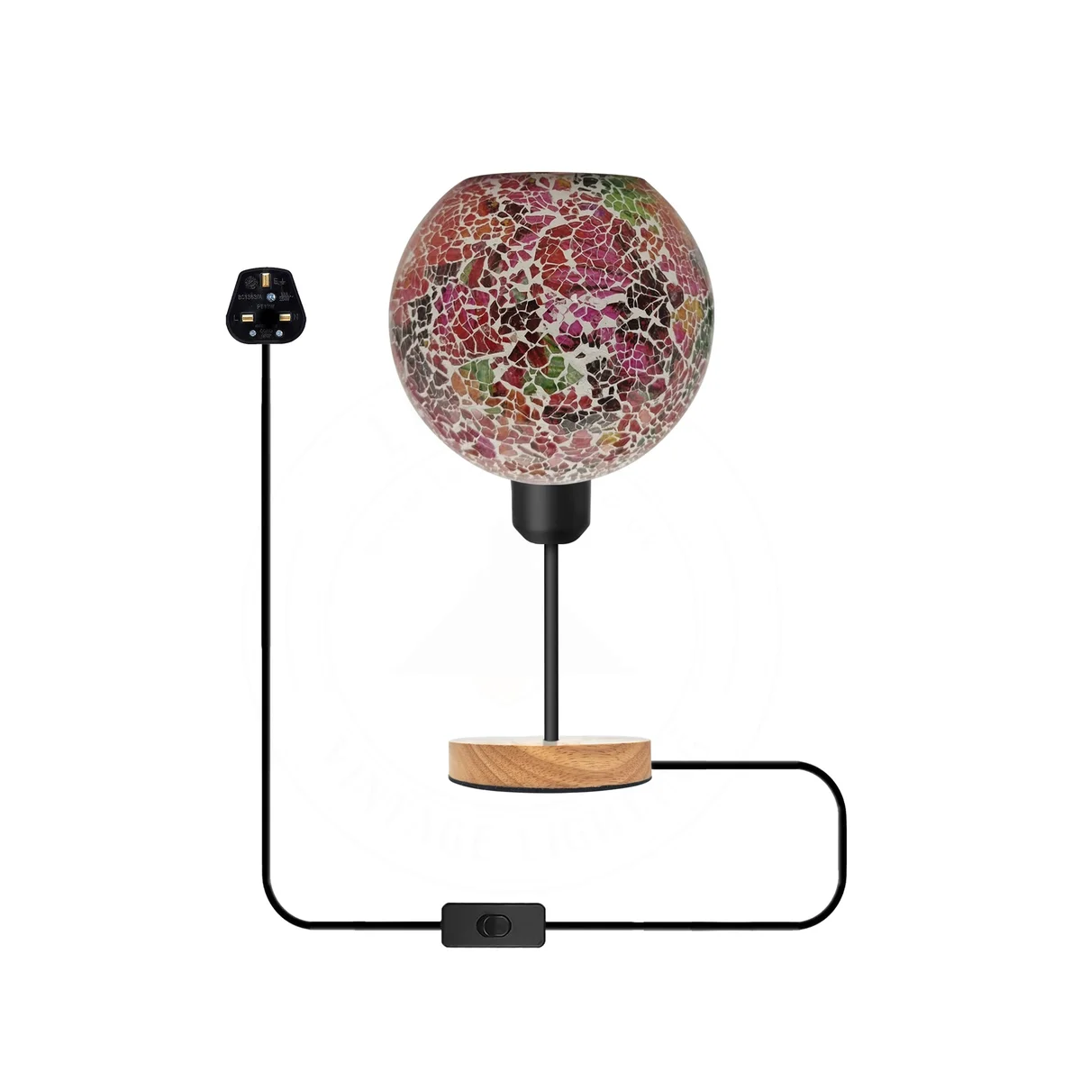 Colourful mosaic glass table lamp with black metal holder and round wooden base lamp on a white surface