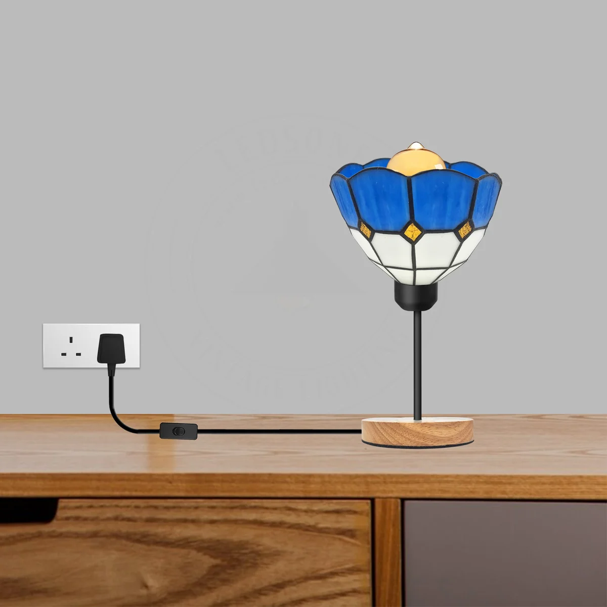 Handcrafted mosaic glass table lamp with multicolored Tiffany-style globe shade on wooden base with black metal holder