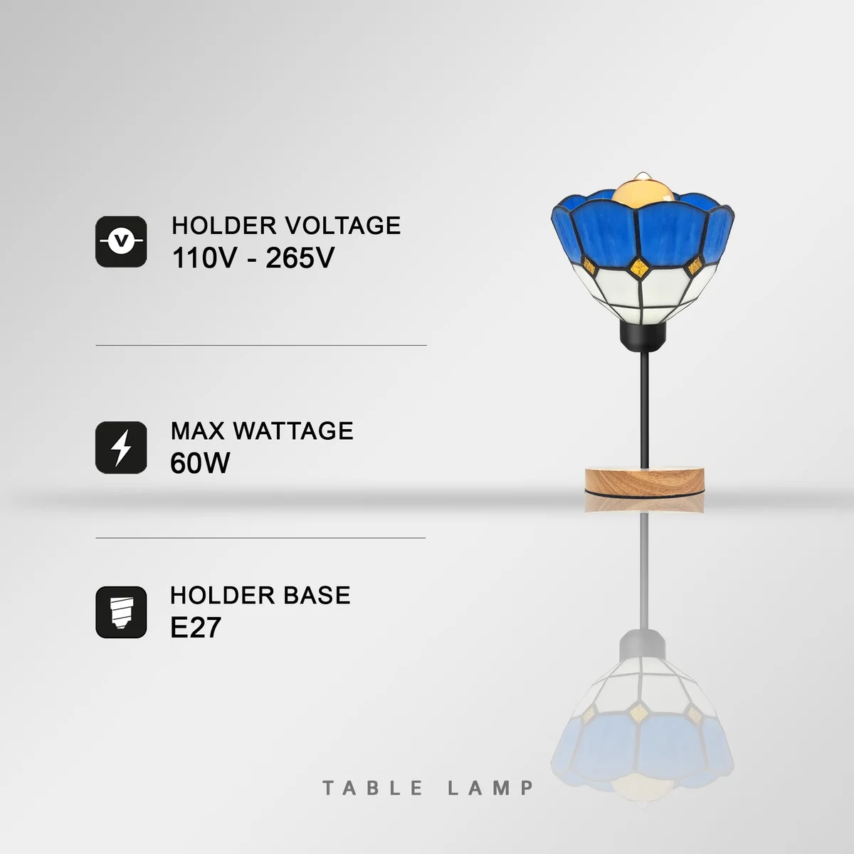 Handcrafted mosaic glass globe table lamp with wooden base and black metal holder, featuring E27 socket lamp and inline switch