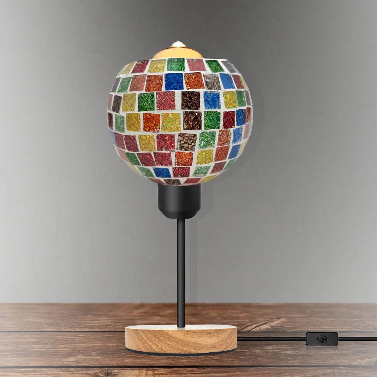 Vintage mosaic glass table lamp with colorful globe shade and wooden base, E27 plug-in with inline on/off switch