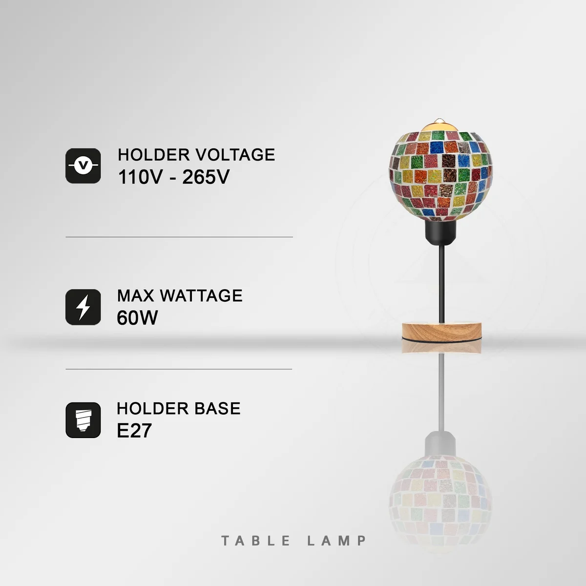 Vintage globe lamp with colorful mosaic glass shade on wooden base, plugged in with E27 socket and inline switch