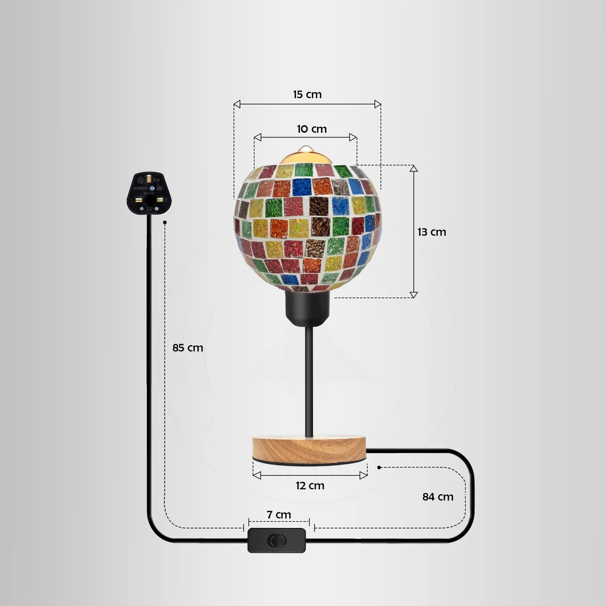 Vintage mosaic glass globe lamp with colorful tiles and wooden base table lamp on white background