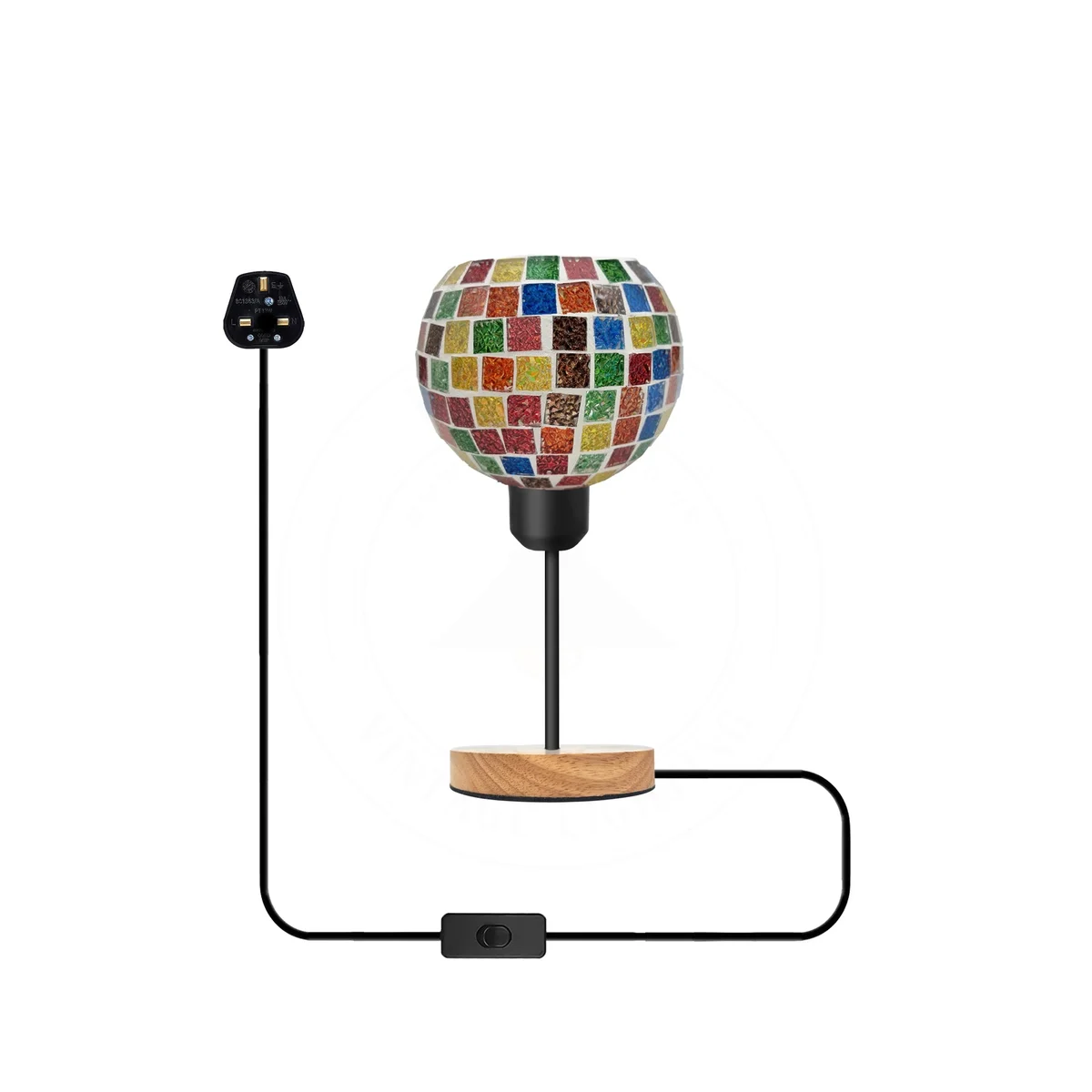 Vintage mosaic glass globe table lamp with wooden base and E27 plug-in lamp socket on a white background