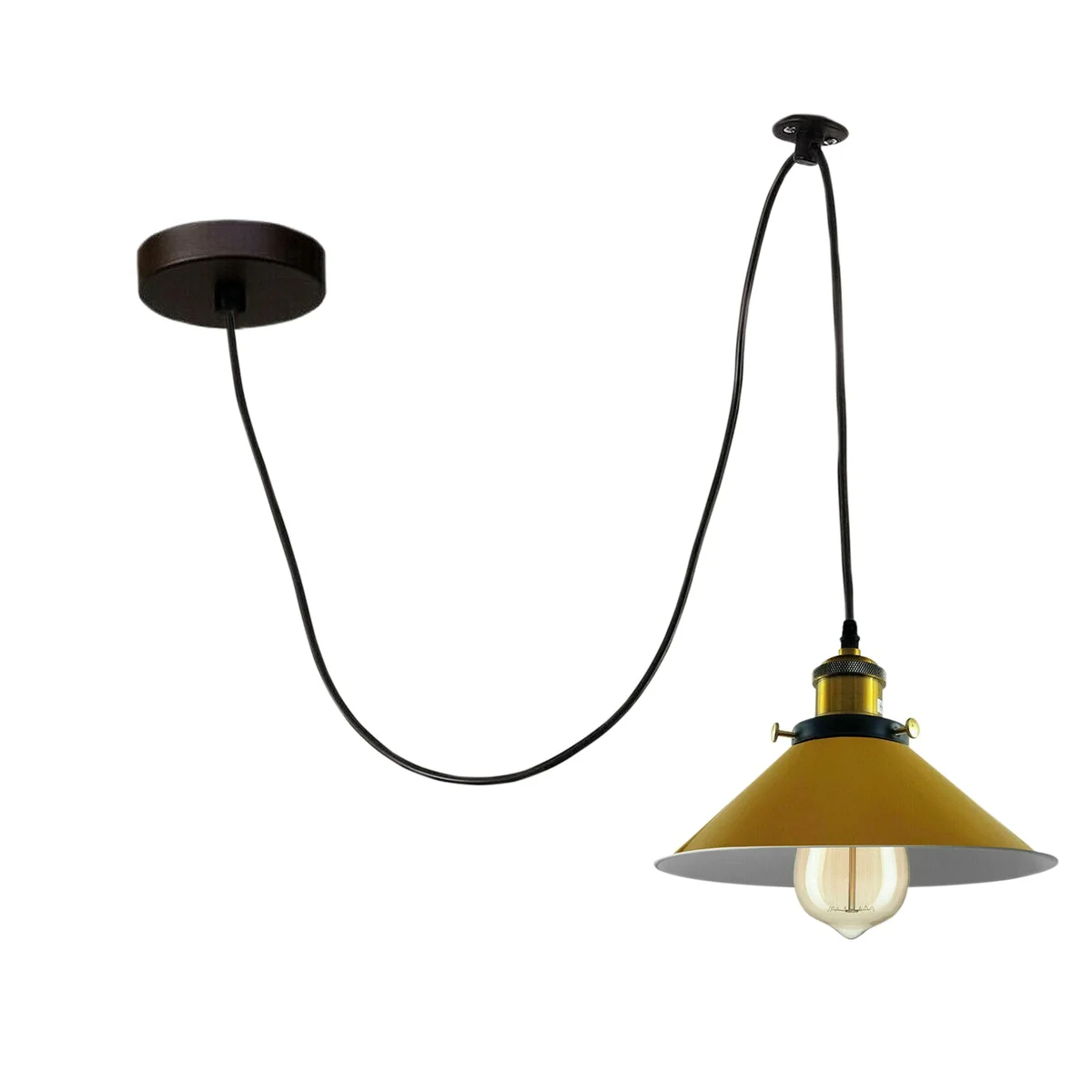 Yellow cone shades metal and PVC ceiling light with braided spider design and Edison bulb hanging from ceiling