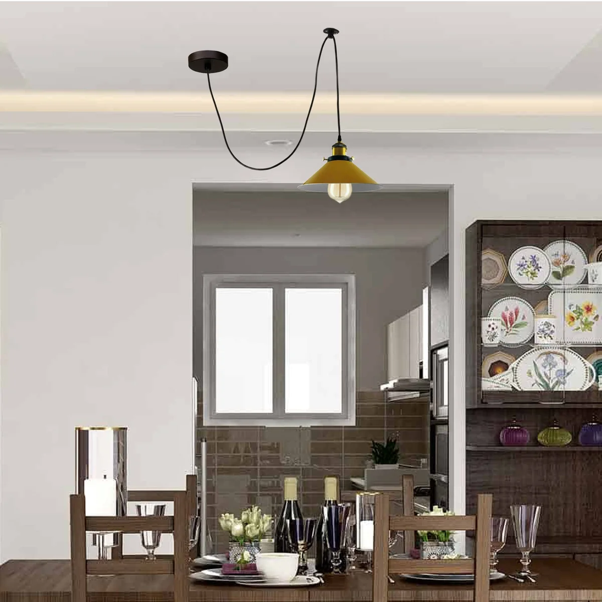 Yellow cone shades retro spider pendant light with metal frame and 2m cable, E27 bulb included, ceiling fixture