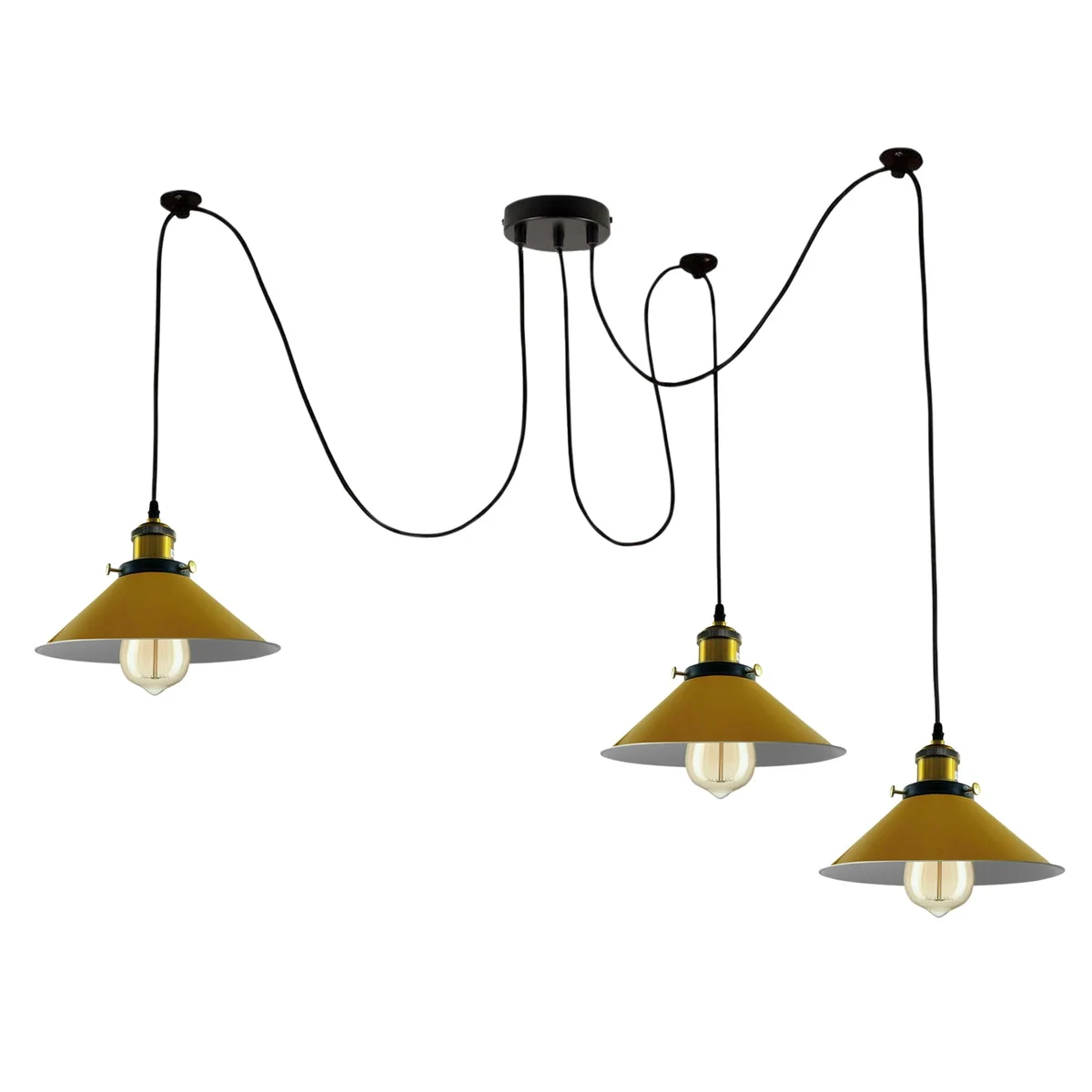 Yellow metal retro spider pendant light with cone shades and Edison bulb hanging from ceiling cable