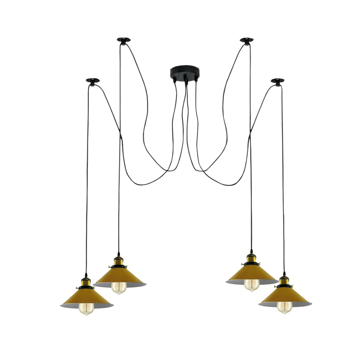 Yellow retro spider pendant light with braided metal arms and cone shades hanging from ceiling cable