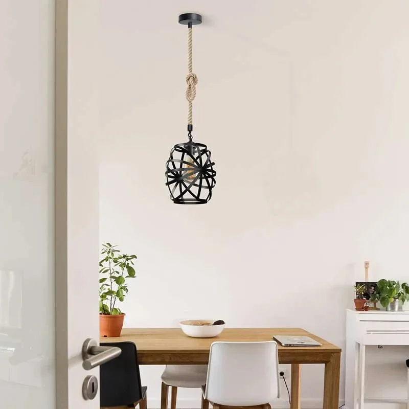 Black pendant light with metal wire cage in vase shape and hanging hemp rope, suitable for indoor ceiling mounting