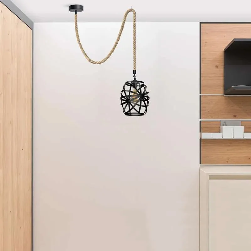Black metal cage pendant light with vase shape and hemp rope hanging cord, suitable for E27 bulb, retro style ceiling lamp