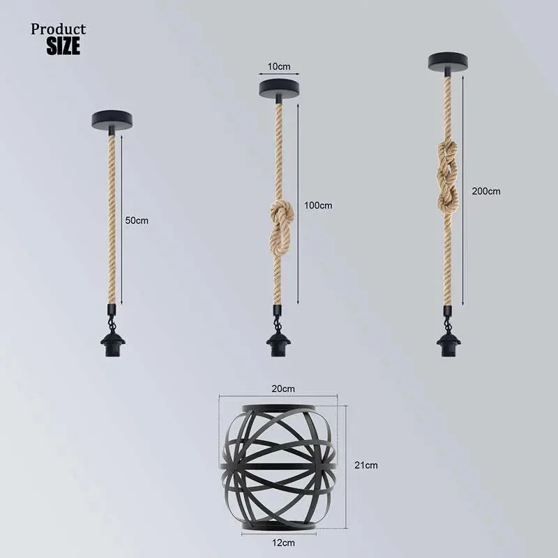 Black metal cage retro style pendant lamp with hemp rope hanging, vase shape, E27 base, ceiling mounted light fixture