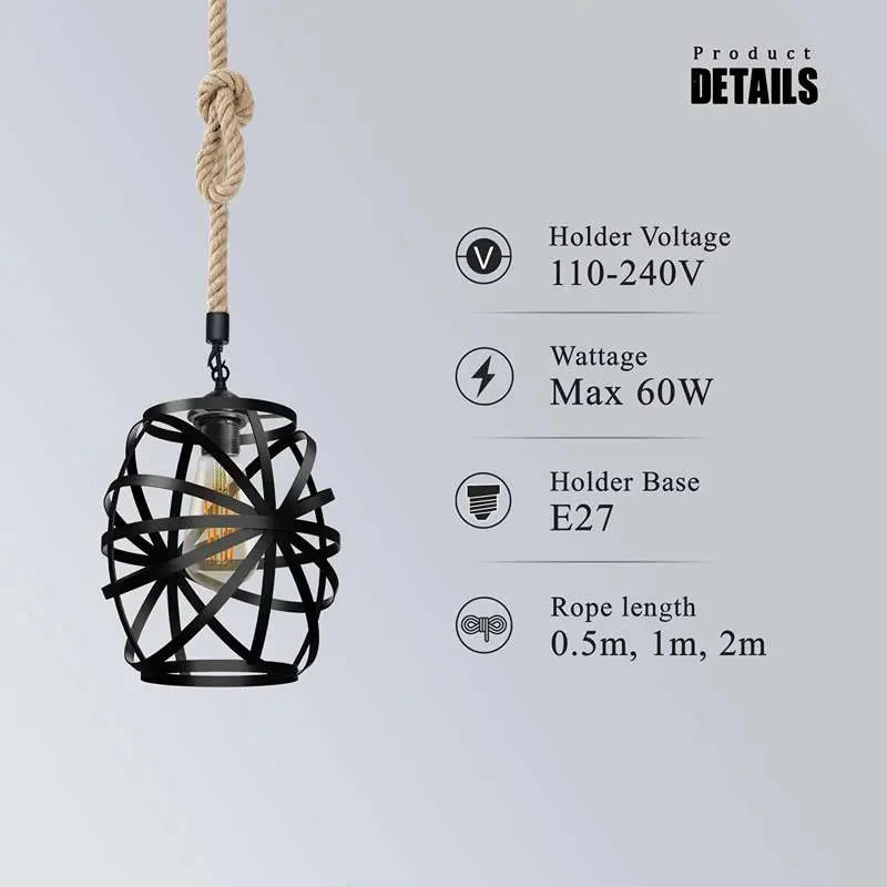 Black metal cage dimmable pendant light with hemp rope hanging, E27 base, retro vase shape, ceiling mounted design