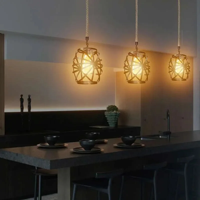 Black metal vase shaped ceiling light with protective wire cage and hanging hemp rope, E27 base, adjustable length rope