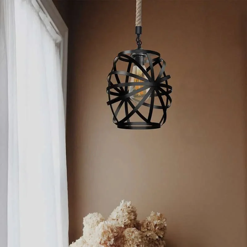 Black pendant light with metal wire cage and adjustable hemp rope, shown hanging against a white background