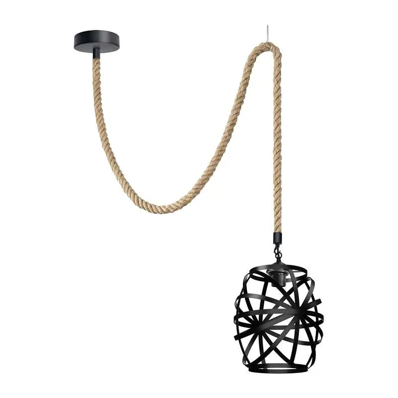 Black pendant light with metal wire cage and hanging hemp rope, retro vase shape, ceiling mounted with E27 base
