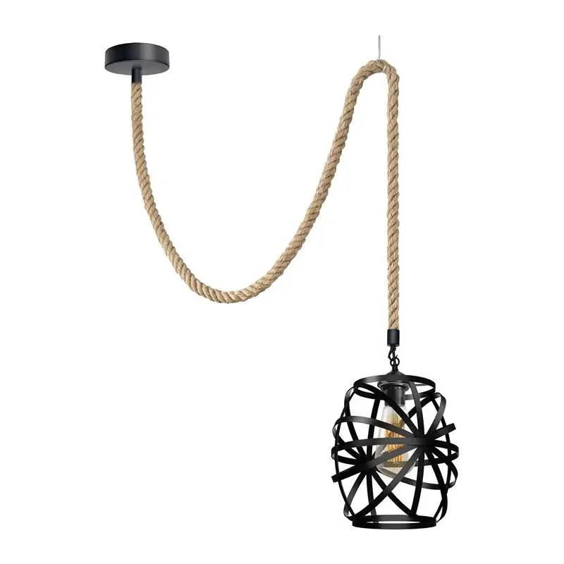 Black pendant light with metal wire cage and hanging hemp rope, vase-shaped design, ceiling mounted fixture