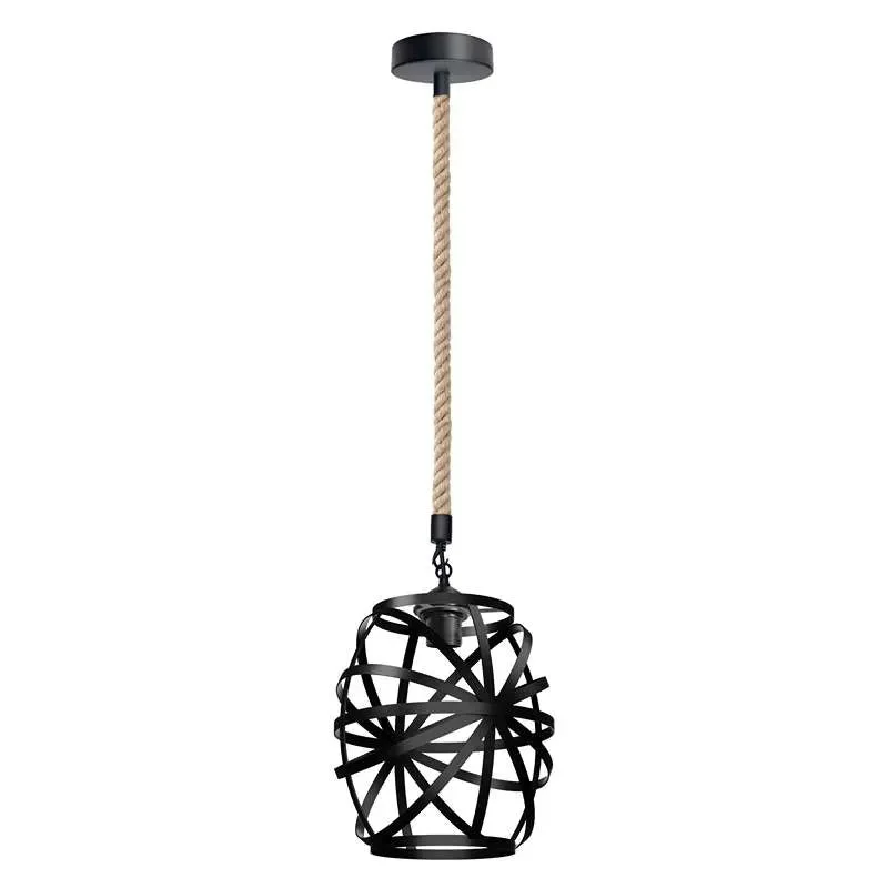 Black pendant light with metal wire cage and hanging hemp rope, vase-shaped, ceiling mounted with E27 bulb base