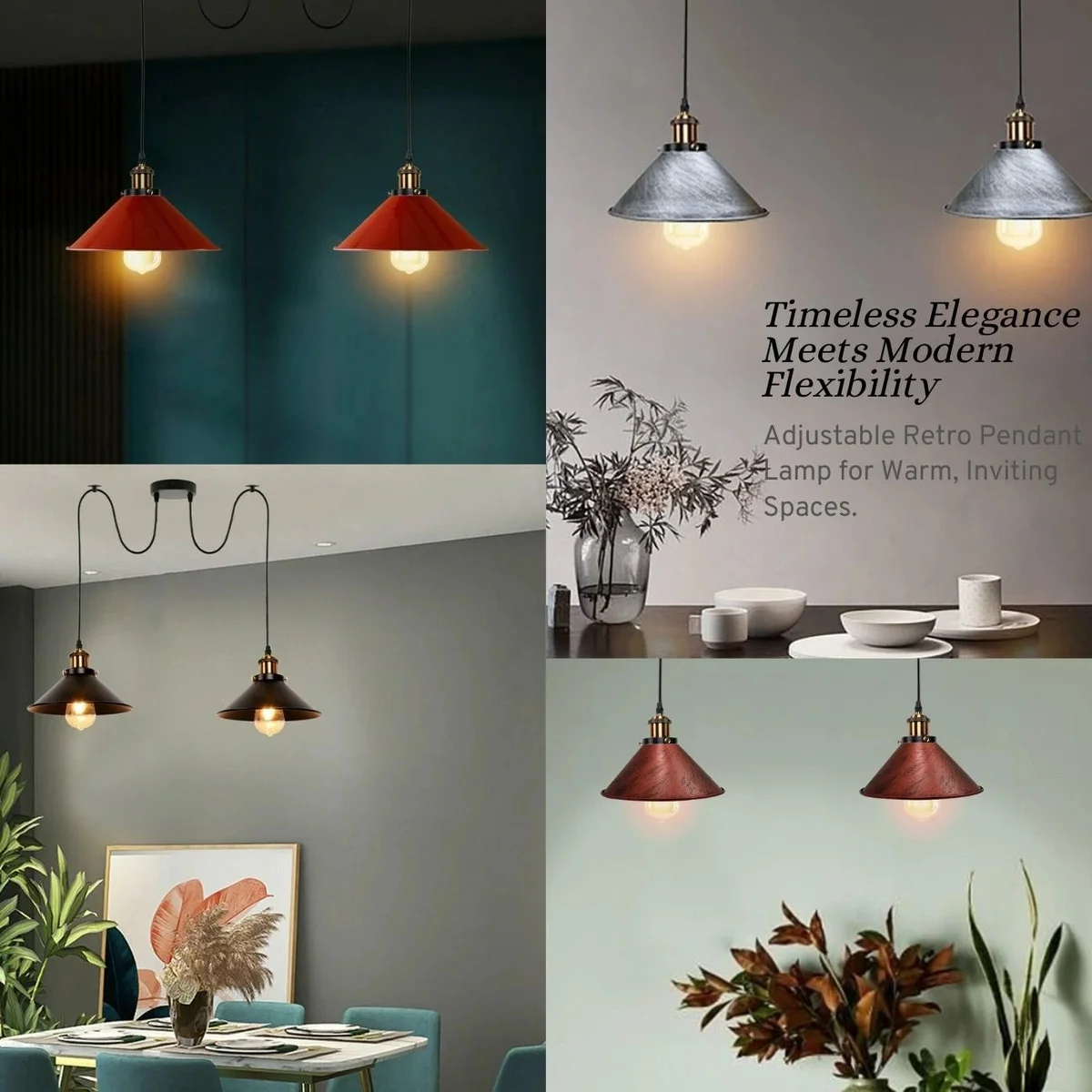 Vintage industrial pendant light with metal cage design and two adjustable hanging lamps against white background