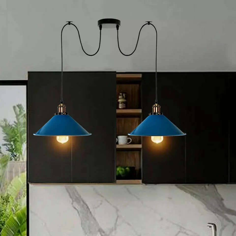 Two metal cage shades on adjustable hanging pendant light with 200cm cables and ceiling plate in industrial style