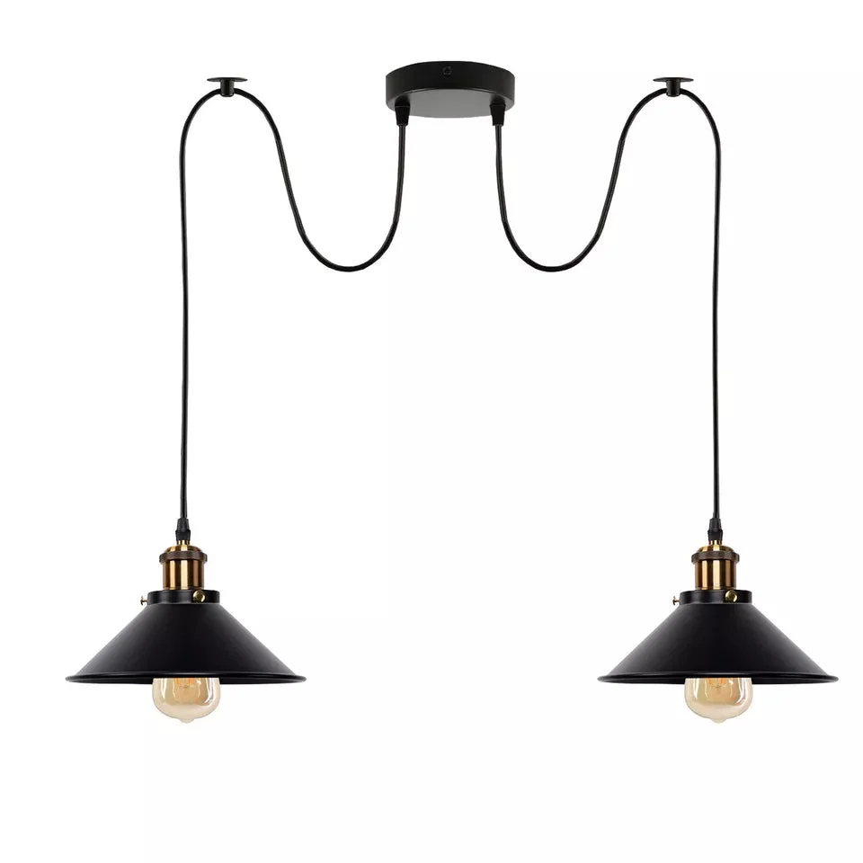 Two-way industrial style ceiling lamp with metal cage shades and adjustable hanging cables in vintage design
