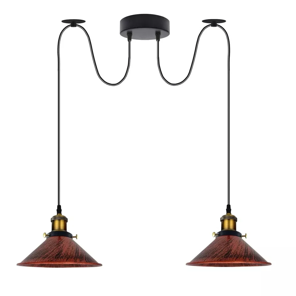 Two-way industrial ceiling pendant light with metal cage shades and adjustable 200cm cables hanging from ceiling plate
