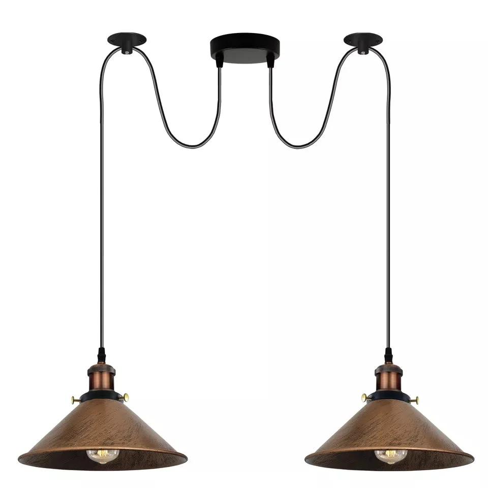 Two-way industrial ceiling pendant light with metal cage shades and adjustable hanging cables on white background