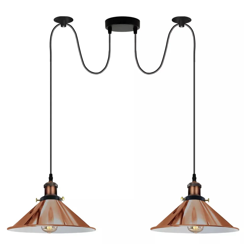 Two-way industrial ceiling pendant light with metal cage shades and adjustable 200cm cables hanging from ceiling