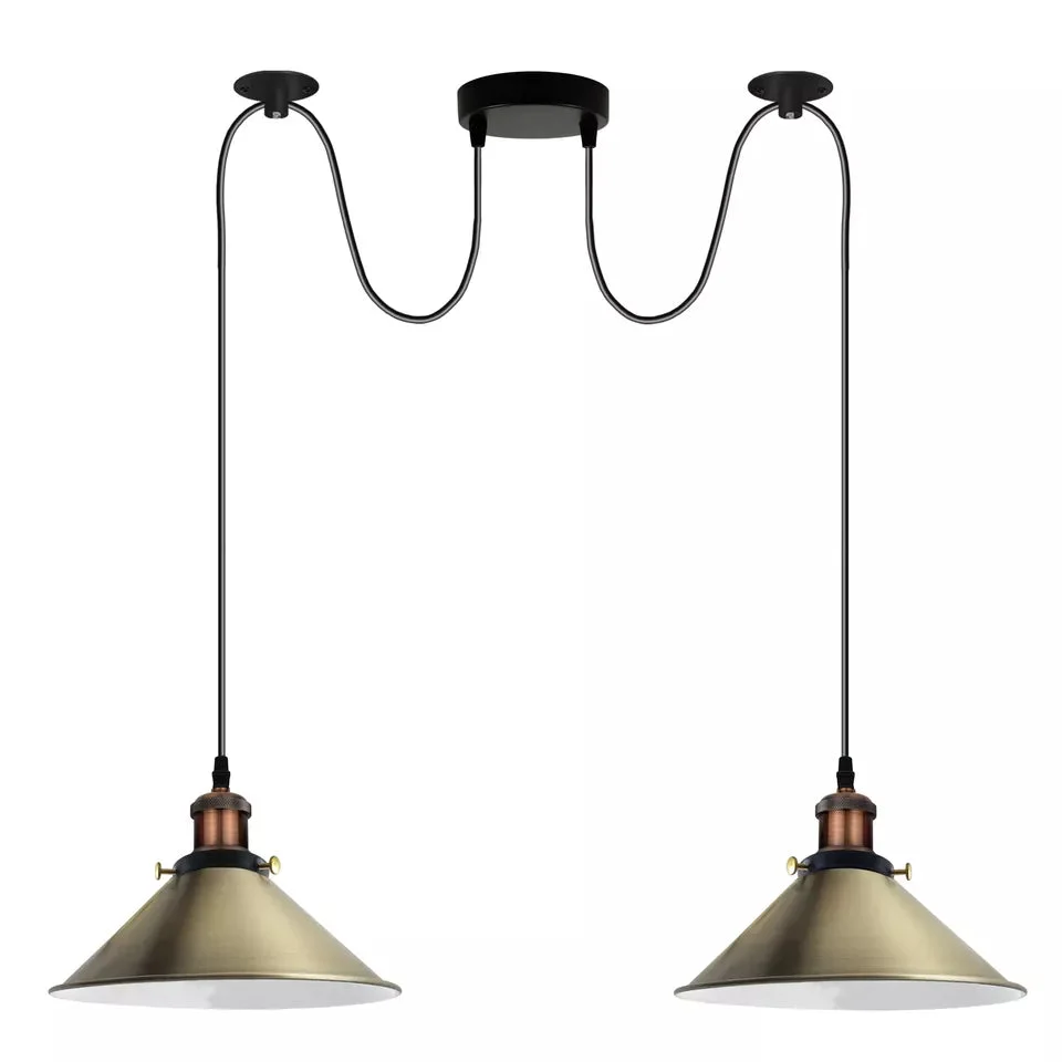 Two-way industrial ceiling pendant light with metal cage shades and adjustable hanging cables against white background