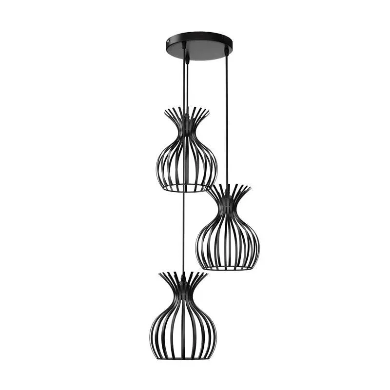 Black metal 3-way cluster pendant light with protective wire cage shades, featuring E27 bulb pendant light design