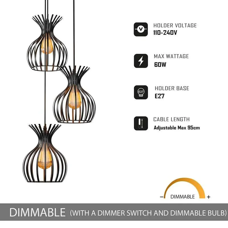 Black metal wire cage cluster pendant light with three bulbs, adjustable height, dimmable pendant light for dining table