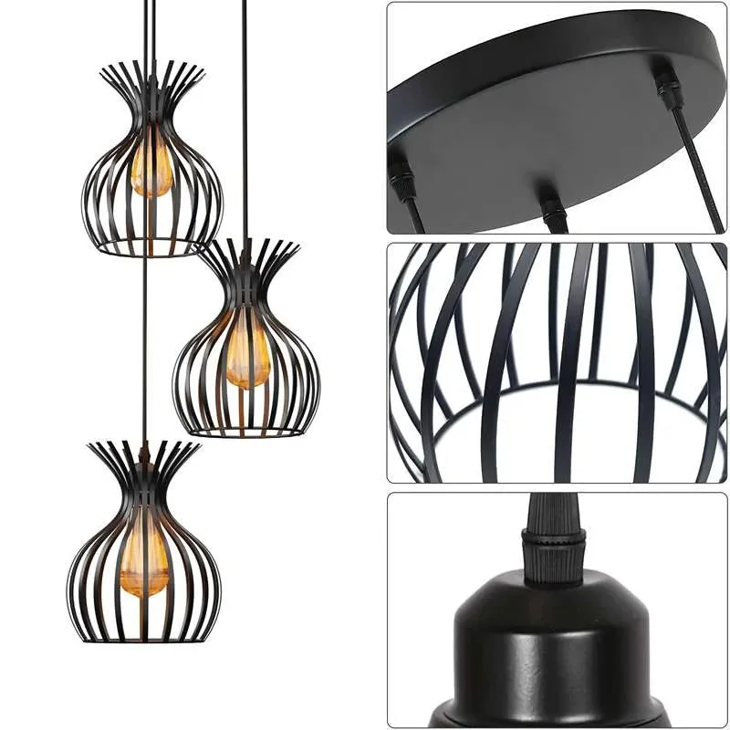 Black cluster pendant light with three metal wire cage shades hanging over a dining table, adjustable height and dimmable design
