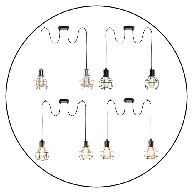 Black metal cage industrial style pendant with two E27 light holders and adjustable hanging rope