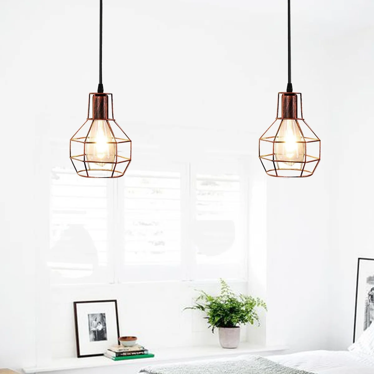Black metal cage 2 way spider hanging light with two E27 bulb pendants and adjustable hanging ropes