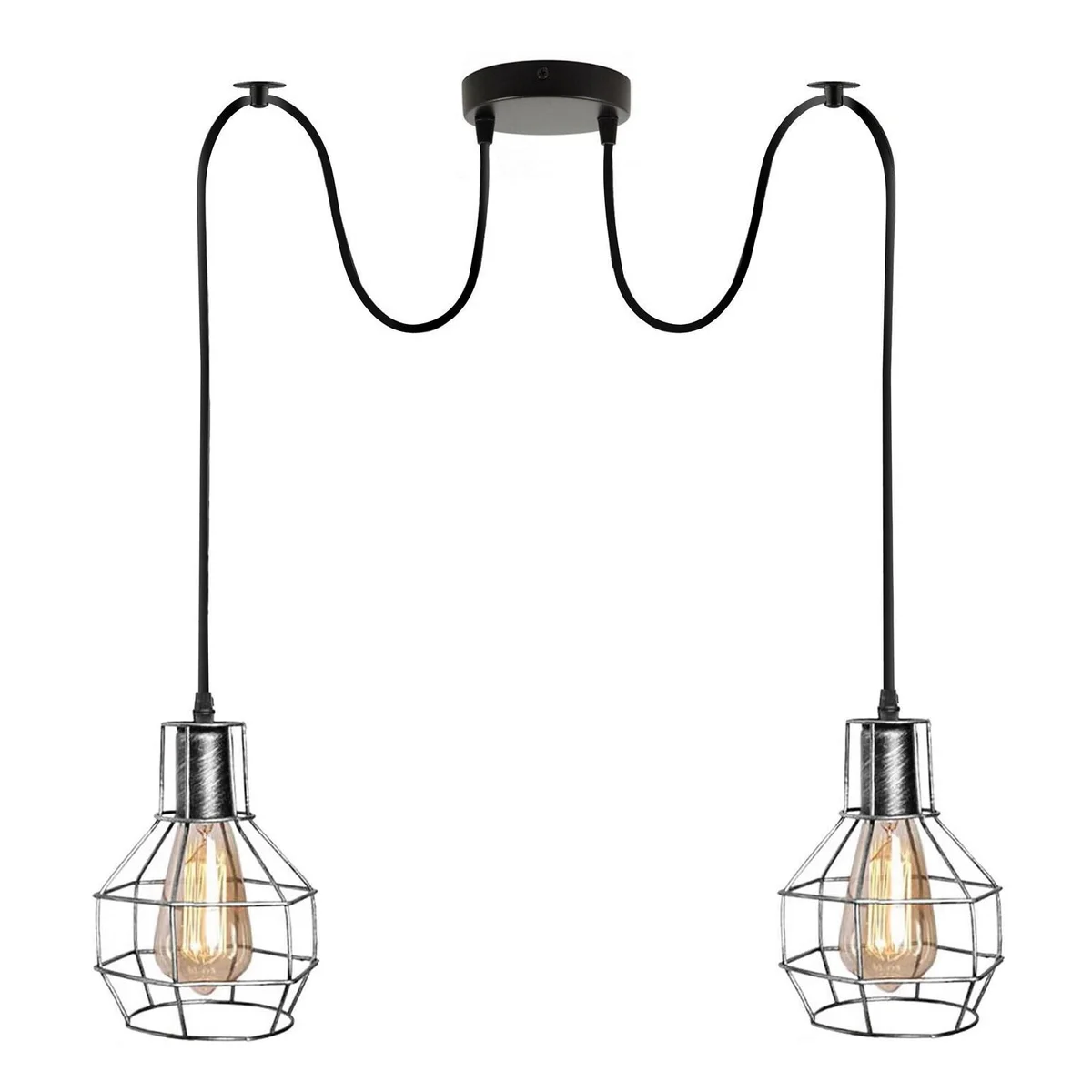 Black metal cage pendant light with two bulbs hanging from adjustable cords against a white background