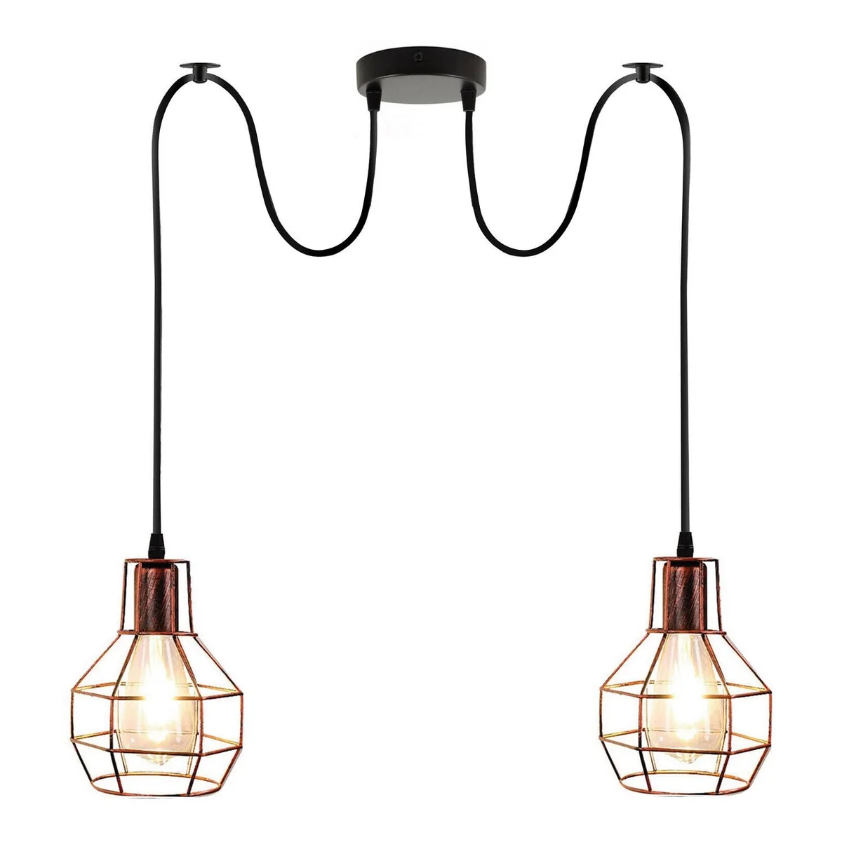 Black metal cage pendant light with two bulbs hanging from adjustable cords against a white background