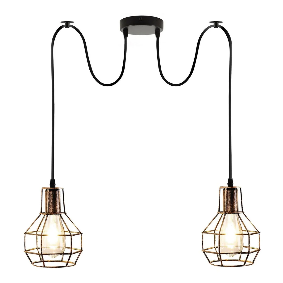 Black metal cage pendant light with two bulbs, adjustable hanging rope, and industrial farmhouse design